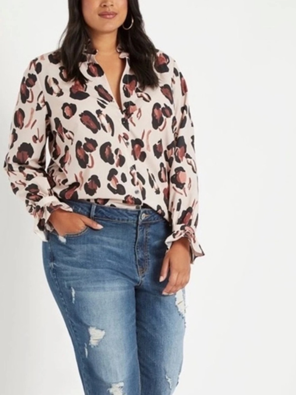 ELOQUII Size 16 Abstract Leopard Print Ruffle Blouse Button Down